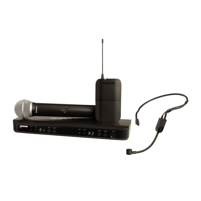 Shure BLX1288/P31 Sistema de micrófono inalámbrico: duración de la batería de 14 horas, alcance de 300 pies, UHF | Incluye micrófonos de mano y auriculares, receptor de doble canal | Banda J11 (BLX128