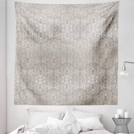 Grey Tapestry, Victorian Lace Flowers and Leaves Retro Background Old Fashioned Graphic, Fabric Wall Hanging Decor for Bedroom Living Room Dorm, 5 Sizes, Grey Beige, by Ambesonne