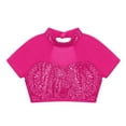 thumbnail image 3 of TiaoBug Kids Girls Sequins Mesh Splice Cutout Back Jazz Hip Hop Modern Dance Crop Tops Mock Neck Tee Blouse Hot Pink 10, 3 of 5