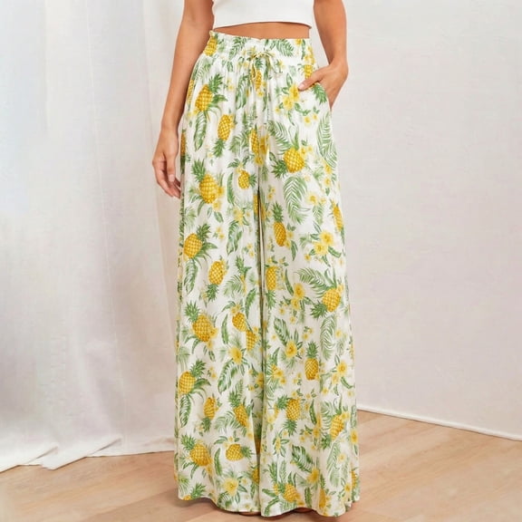 BUWTTER Womens Pants Floral Print High Waist Wide Leg Casual with Elastic Waistband Flowy Long Trousers Everyday Comfort Women Slacks Light Green L