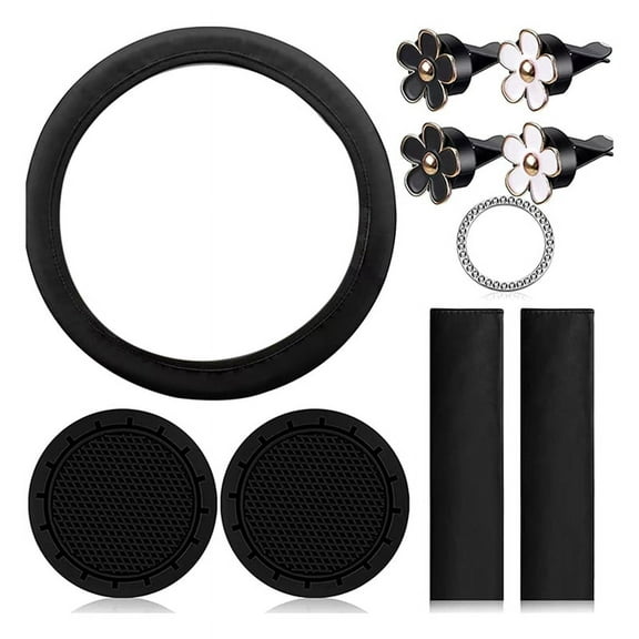10 Pcs Steering Wheel Cover for Women Cute Car Accessories Set with Seat Belt Shoulder Pads Cup Holders Black