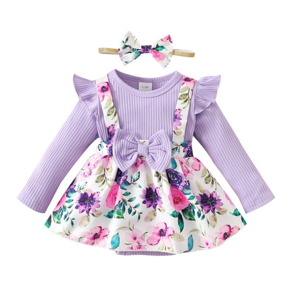 12 Months Baby Girls One-piece Romper 18 Months Girls Long Sleeve Bodysuit Flower Print Infant Girls Floral Bodysuit with Headband Purple