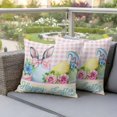 thumbnail image 4 of Easter Bunny Pillow Covers 2 Pack Colorful Eggs Pink Rose Flower Bow Rabbit Ear Pink Plaid Pillowcase Waterproof Outdoor Throw Pillow Cover for Patio Garden Square Cushion 24”x24”, 4 of 9