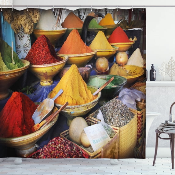 Spice Shower Curtain, Assortment of Colorful and Different Flavored Kitchen Ingredients from the Bazaar, Fabric Bathroom Set with Hooks, 69W X 70L Inches, Multicolor, by Ambesonne