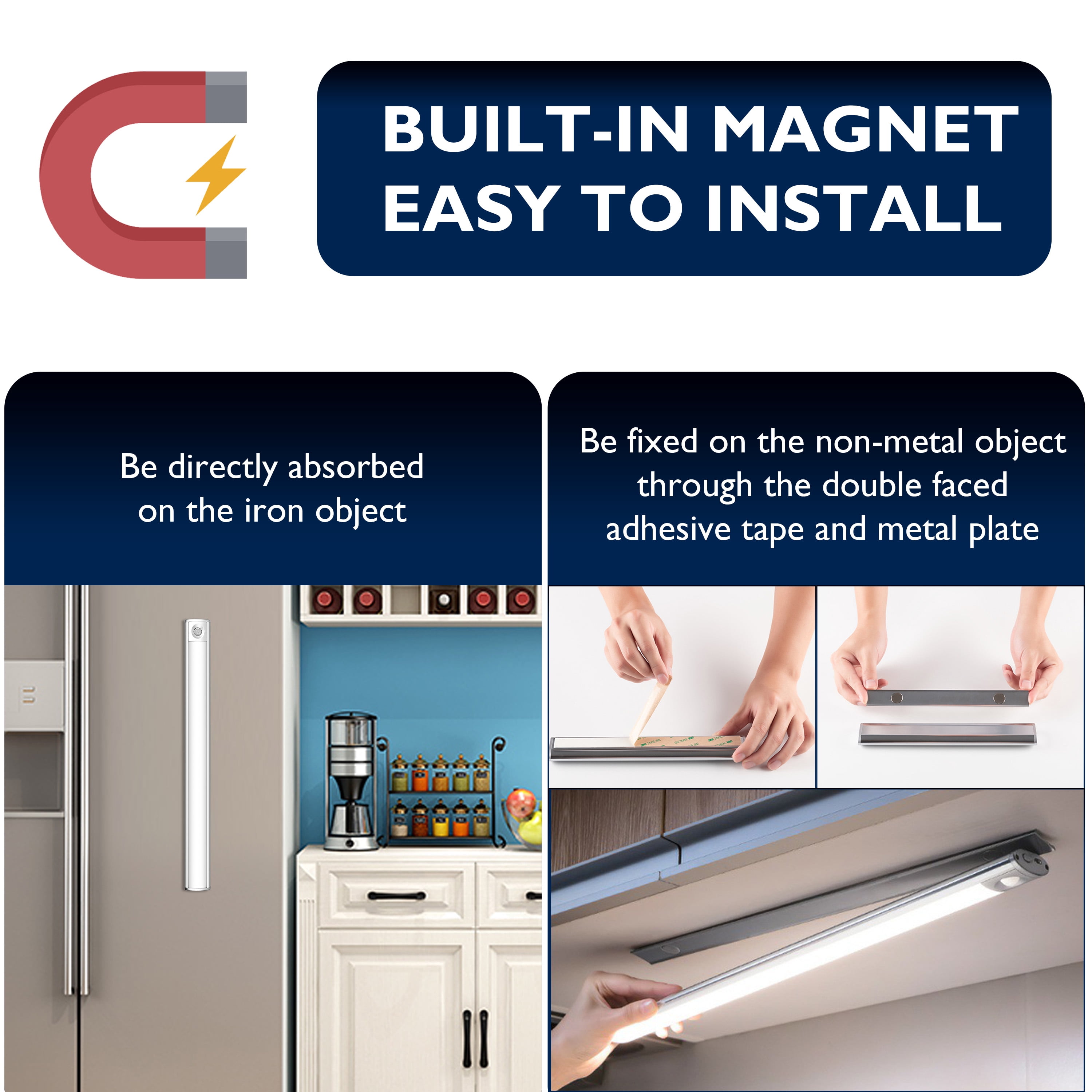 3 PK Motion Sensor LED Light for Under Cabinet Closet Kitchen Wardrobe 6500K Rechargeable Battery Powered Long 17 inch Length Aluminum Body (MLG-1042CL)