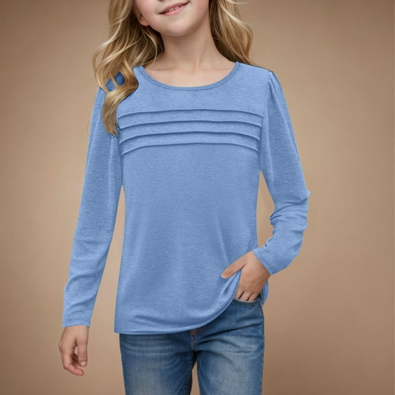 Teen T Shirts for Girls Blue Long Sleeve Shirt Girls Crew Neck Shirt Basic Tees Fall Tops Girls 13-14 Years Clothes