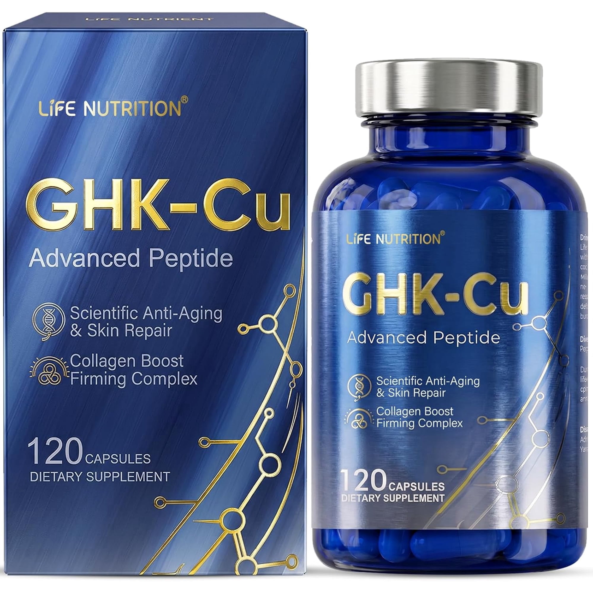 Life Nutrition GHK-Cu Copper Peptide Supplement, 120 Vegan Capsules, High Potency, Promotes Skin Repair, Radiant Skin Elasticity, Anti-Aging & Hair Growth Support