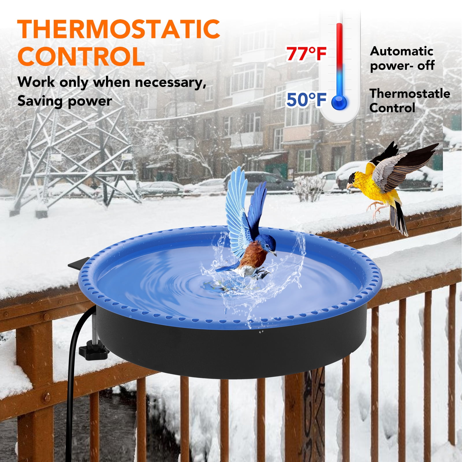 2 in 1 Heated Bird Bath for Outdoors for Winter,75W Bird Bath Heater with Thermostatically Controlled，Heated Bird Bath for Deck Railing for All Seasons Outdoor Garden Yard Patio Lawn(Blue)