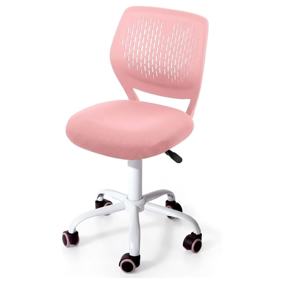 Small Home Office Desk Chair, Swivel Rolling Study Computer Chair, Adjustable Height Task Chair with Armless Back, Upholstered Mesh Seat, Pink