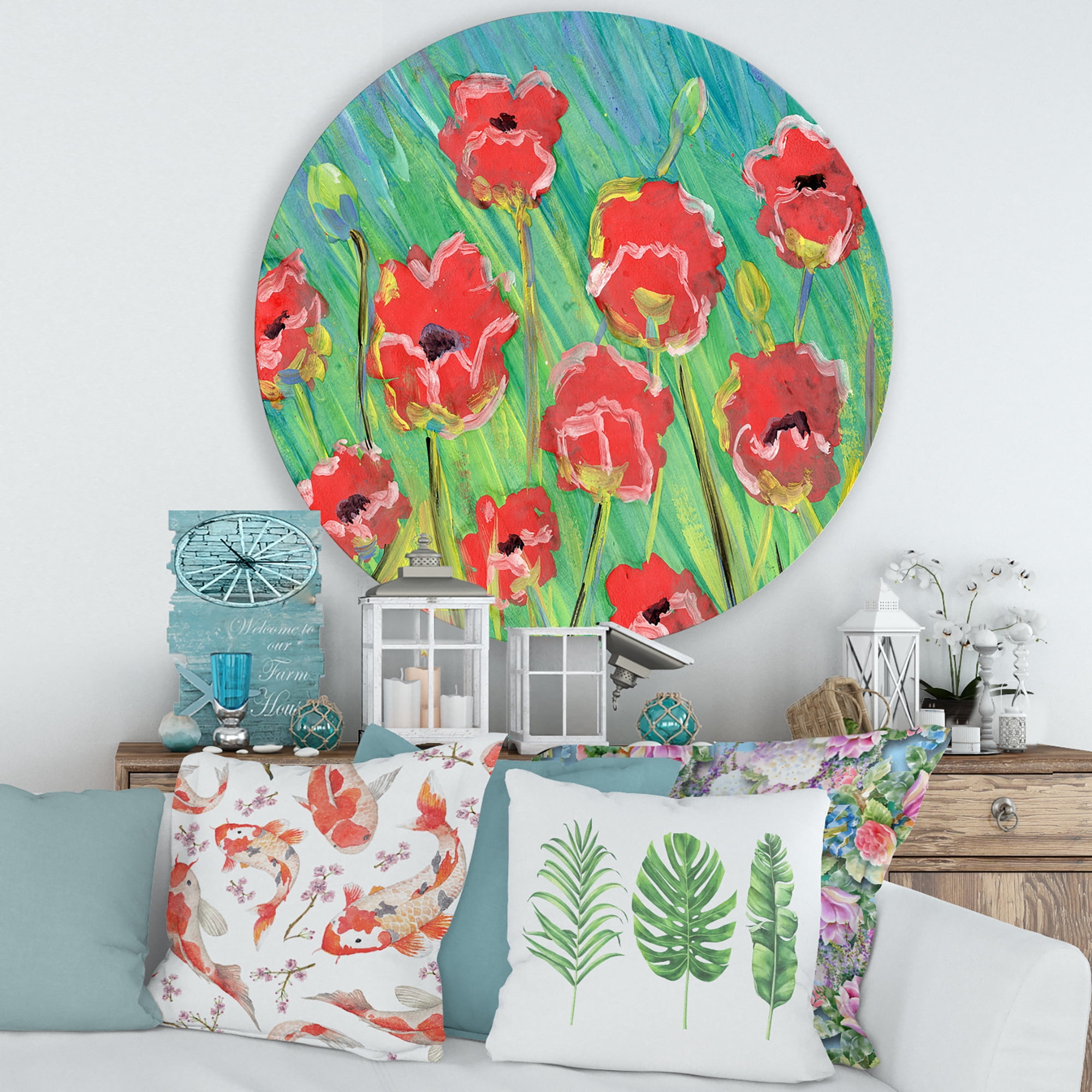 Designart 'Gouache Of Blooming Red Poppies' Traditional Circle Metal Wall Art 36x36 - Disc of 36