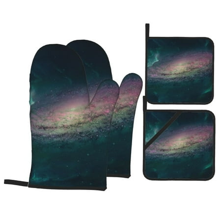 

YFYANG Oven Mitts and Pot Holders Sets 4 Pieces Non-Slip Heat Resistant Green Dream Galaxy Kitchen Glove Pot Mat for Cooking and Baking