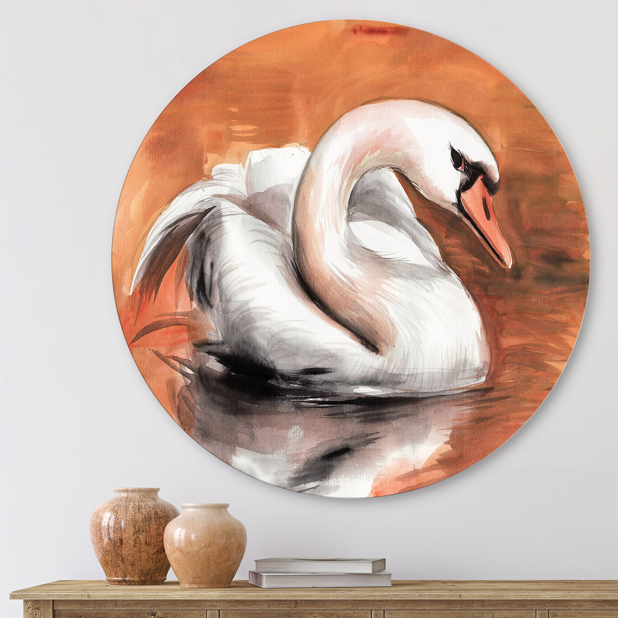 Designart 'Close Up Swan On The Water' Traditional Circle Metal Wall Art 23x23 - Disc of 23