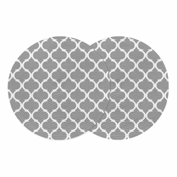 Grey Morocco Plaid, Round 13 Inch Placemats Set of 2, Abstract HeatResistant Non Slip Place Mats for Dining Table, Wipeable Braided Kitchen Table Mats for Housewarming