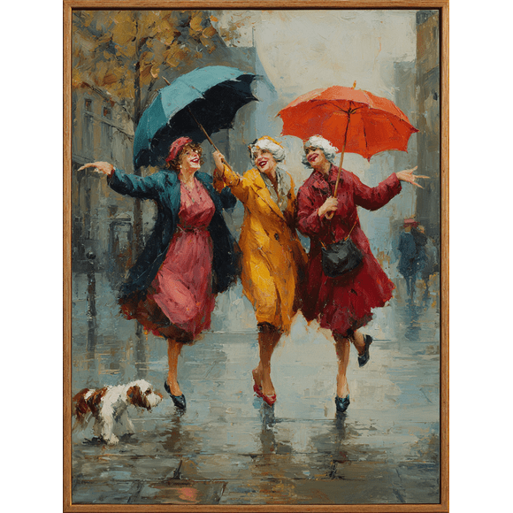 Friends Walking in Rain Oil Painting Canvas Wall Art 15.75x11.81 Inches