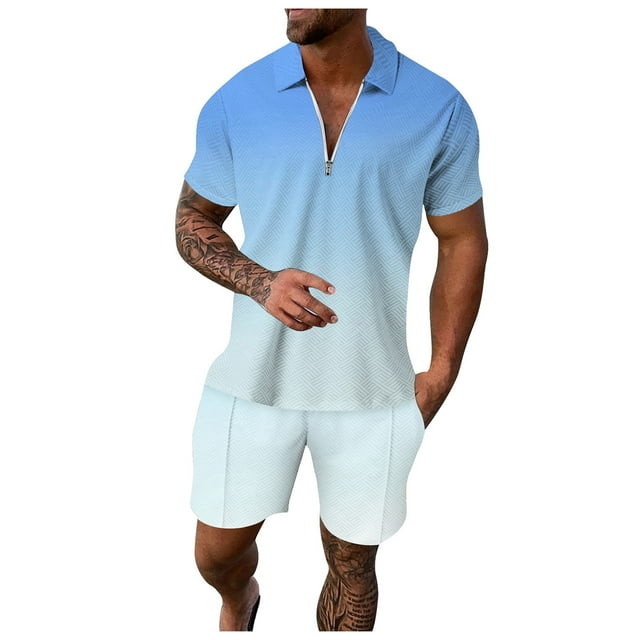 Ediodpoh Male Casual Striped Gradient Ramp Print Two Piece Zipper Short Sleeve Top Blouse Suit Drawstring Pocket Short Set Two Piece Sets for Men Light Blue_002 XXXL
