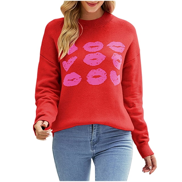 CEHVOM Mode Femme Décontractée Couleur Unie Tricoté Impression Saint-Valentin Chandail Manches Longues Col Rond Liquidation