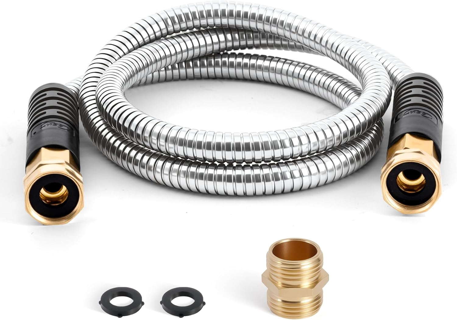 RGHJAR-Short Garden Hose 5 ft with Female to Female Connector, Small Metal Leader Hose, Drinking Water Hose, Flexible, Lightweight Stainless Steel Water Pipe for RV, Outdoor, Yard, 5ft x 5/8"
