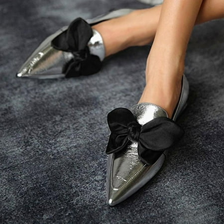 

YOTAMI Women s Leather Shoes Low Heel Pointed Toe Casual Solid Color Flat Bow Sandals Fashion Slip-on Sandals Shoes Silver 6
