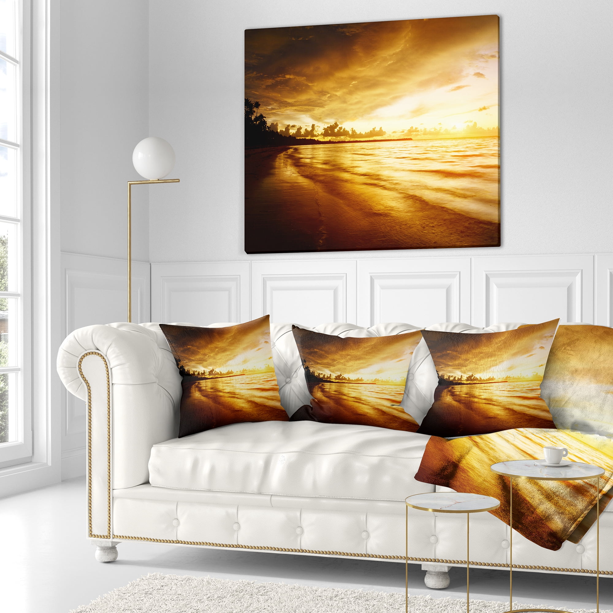 Designart Fascinating Caribbean Beach in Yellow - Seascape Throw Pillow - 16x16