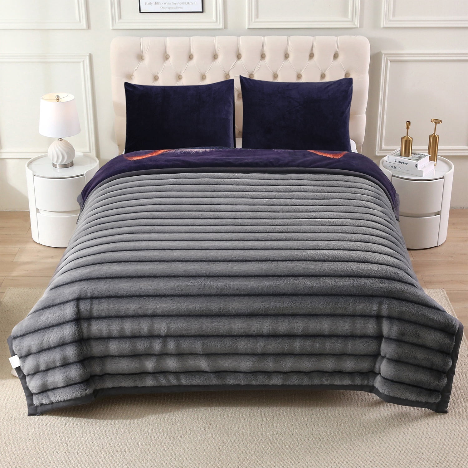 NC Faux Fur & Warm Fleece Blanket King Size 85"x93", A & B Printed Patterns 3-Ply Heavy Thick Microfiber Plush Blanket 8.5LB, Wolf & Gray
