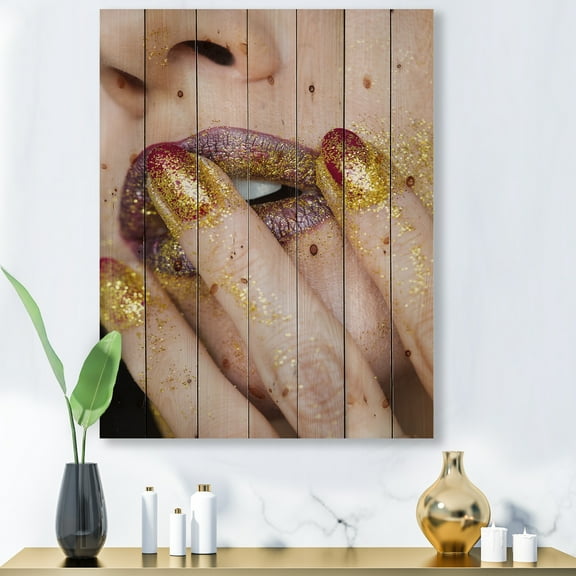 Designart 'Close-Up Of Woman Golden Gold Glitter Lipstick' Modern Print on Natural Pine Wood