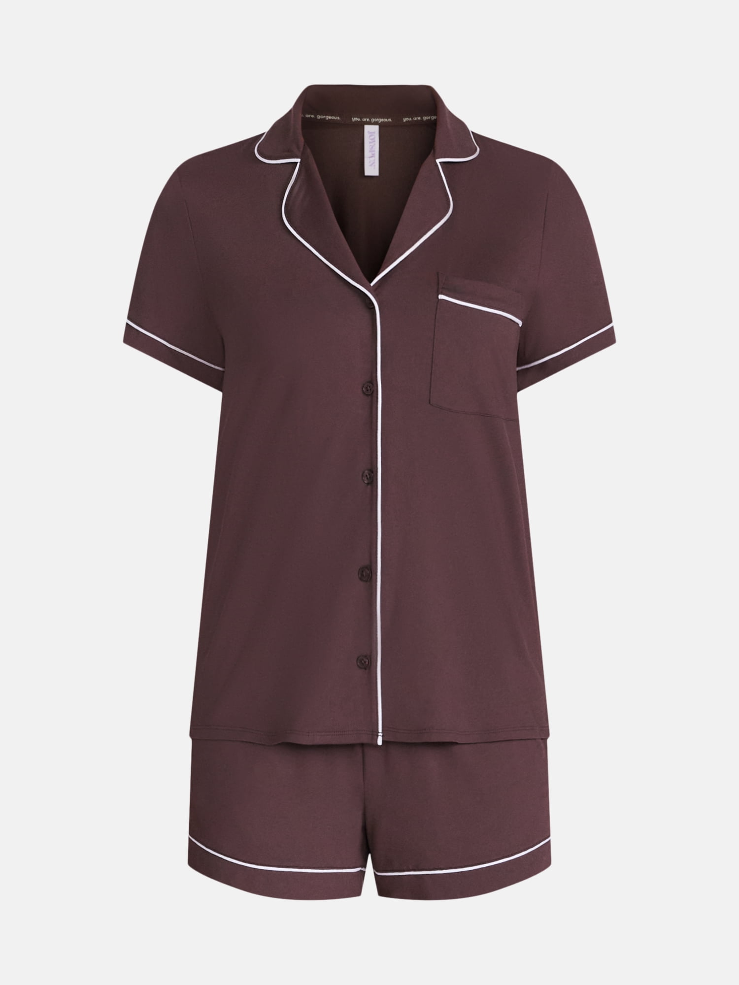 Joyspun Women’s Dreamy Soft Collection Notch Collar Knit Top and Boxer Shorts, 2-Piece Pajama Set, Sizes XS-3X