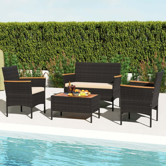 Costway Ensemble de Canapé en Osier pour Patio 4 Pcs avec Table Basse Accoudoirs et Dessus de Table en Bois d'Acacia