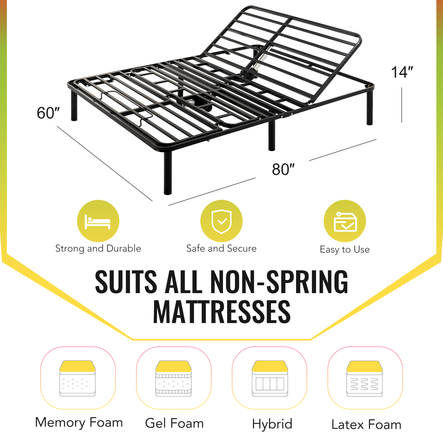 Bestco Electric Adjustable Queen Bed Frame Head and Foot Elevating Metal Bed Base