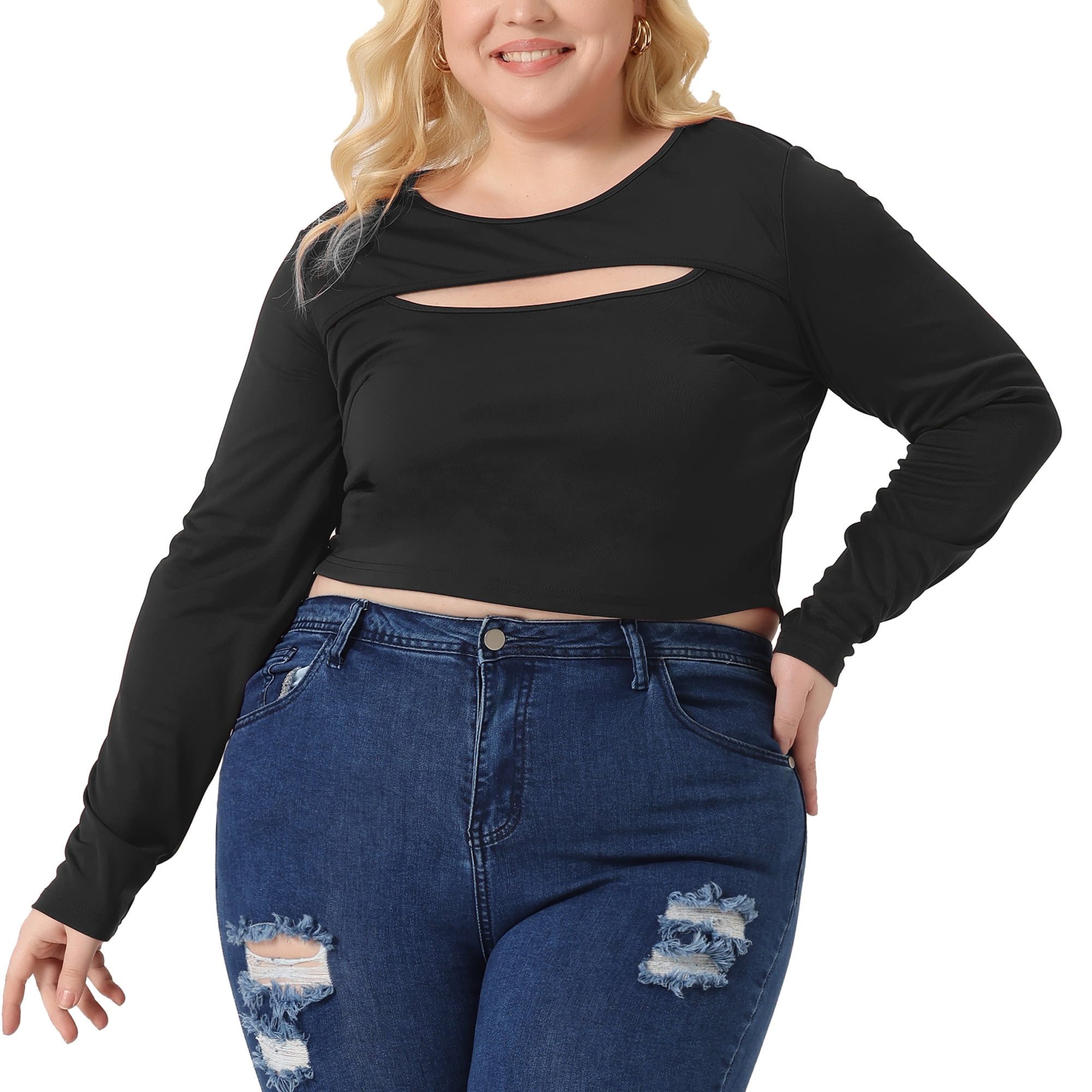 Unique Bargains Women Plus?Size Long Sleeve Round Neck Cut Out Front Fitted T-Shirts 4X Black
