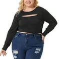 thumbnail image 2 of Unique Bargains Women Plus?Size Long Sleeve Round Neck Cut Out Front Fitted T-Shirts 1X Black, 2 of 6