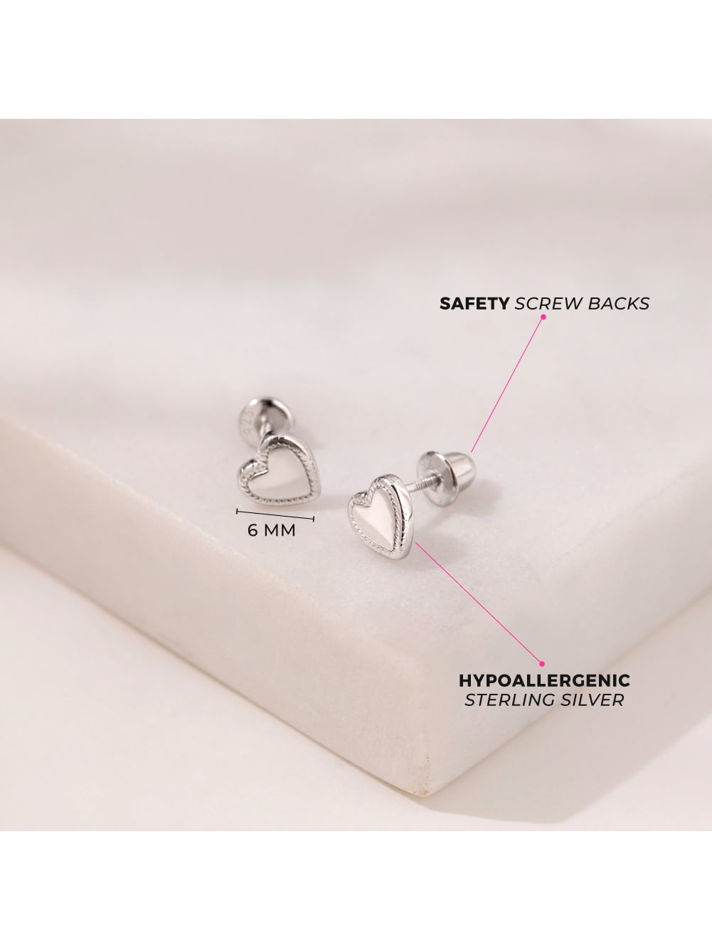 Detailed Heart Baby / Toddler / Kids Earrings Screw Back - Sterling Silver