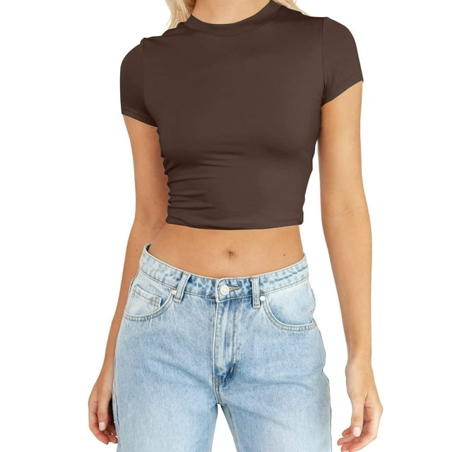 WEIYLL T-Shirts pour Femmes Été Manches Courtes Mignon Crop Basique Col Rond Ajusté Marron Tailles TTG