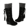 thumbnail image 4 of hopeusnice Women's Suede Wedge Boots Winter Warm Fuzzy Fleece Lined Knee High Boots Lace Up Buckle Tassel Boots Black 42, 4 of 6