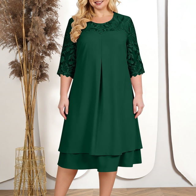 Uootdi Robes Grande Taille pour Femmes Col Rond Manches 3/4 Robes Brodées Élégantes Robes Midi Formelles Tenue de Fête Cadeau