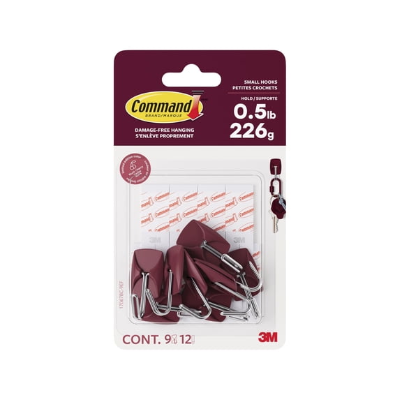 Command Small Wire Hooks, Black Cherry, Holds .5 lbs, 9 Hooks, 12 Adhesive Strips