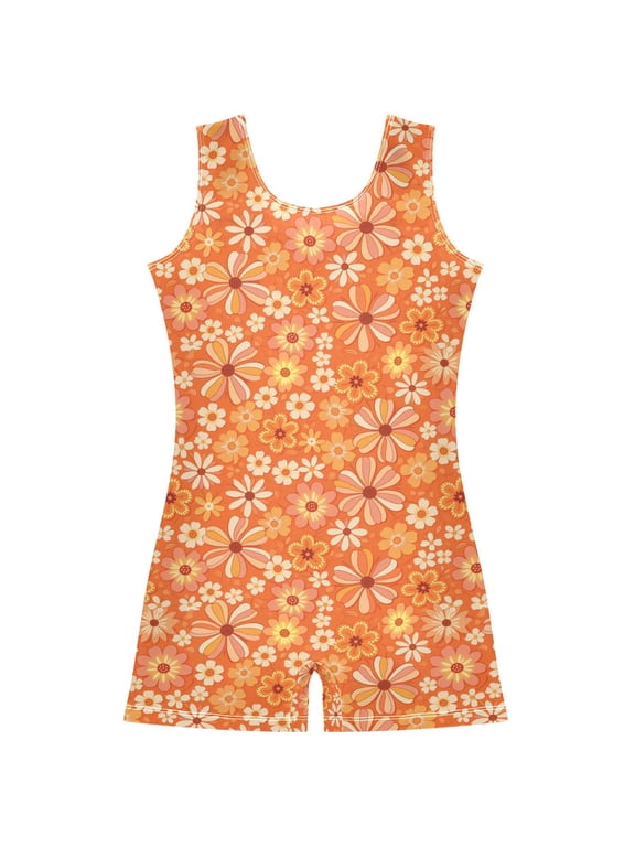 Daisy Retro Flower Pattern Girls Leotards Gymnastics Tumbling Outfit Biketard Unitard 9-10Years