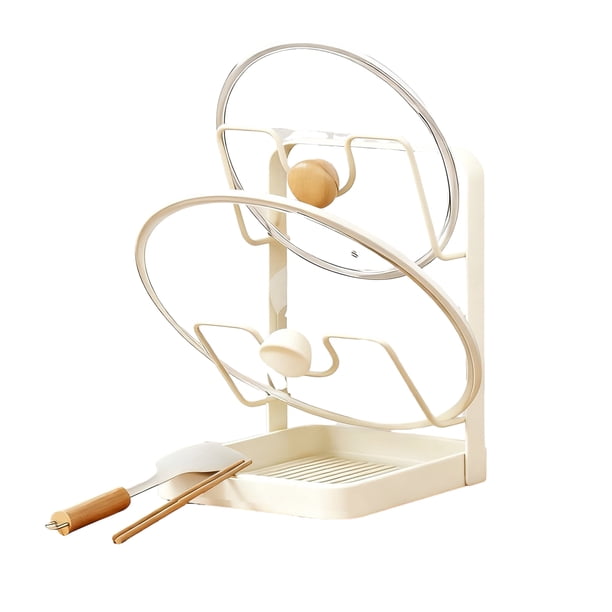 Soporte para tapa de olla con bandeja de drenaje, diseño de ranura en forma de U, organizador de utensilios de cocina de acero al carbono, bandeja de goteo, soporte para tapa de olla