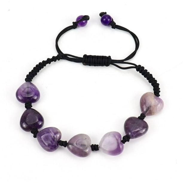 Nvzi Pulsera de cuentas hecha a mano, pulsera tejida con corazón de piedra natural, pulsera simple y ajustable (morado)