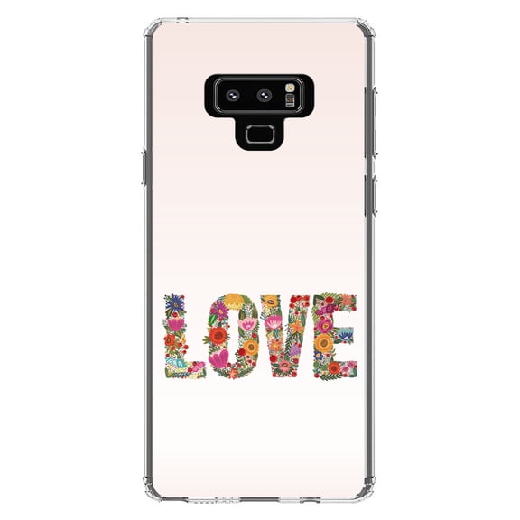 DistinctInk Clear Shockproof Hybrid Case for Samsung Galaxy Note 9 - TPU Bumper, Acrylic Back, Tempered Glass Screen Protector - Spring Collection - Floral LOVE Flowers