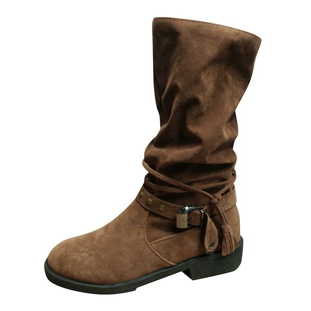 WEAIXIMIUNG Knee Boots for Women Wide Calf Low Heel Ladies Winter New Solid Color Mid Calf Boots Large Size Round Toe Suede Side Zipper Heel Durable Non Mid Calf Boots