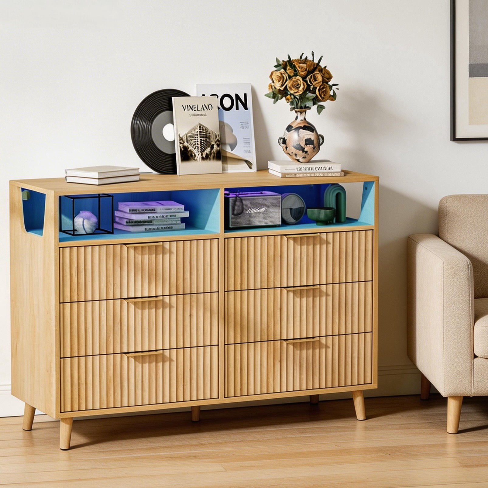 UBesGoo Fluted 6 Drawer Dresser with LED Lights, Modern Chest of Drawers Wood Dresser TV Stand, Double Dresser for Bedroom, Living Room, Hallway