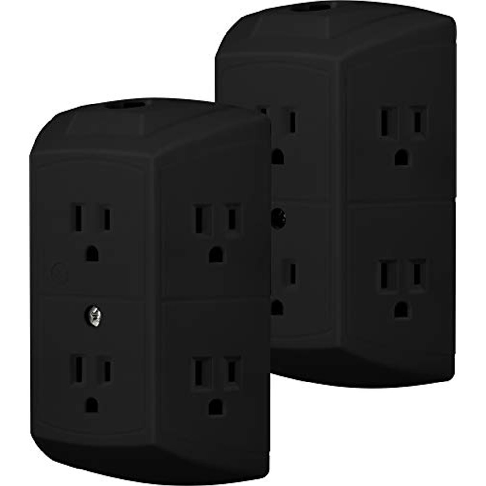 GE 6 Outlet Wall Plug Adapter Power Strip, 2 Pack, Black