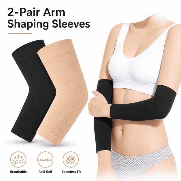 2Pair Arm Slimming Shaper Wrap,Arm Compression Sleeve Women Weight Loss Upper Arm Shaper Helps Lose Arm Fat Toneup Arm Shaping Sleeves for Women (Beige Black)