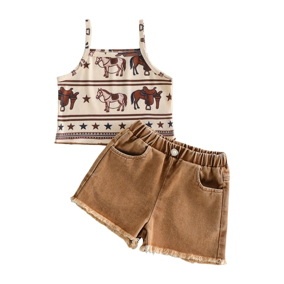 BemeyourBBs Western Toddler Baby Girls Cowgirl Outfit Denim 2 Piece Outfit Baby Girl Summer Clothes Kids Cute Horse Print Camisole Tank Vest Tops and Elastic Frayed Jeans Shorts Set