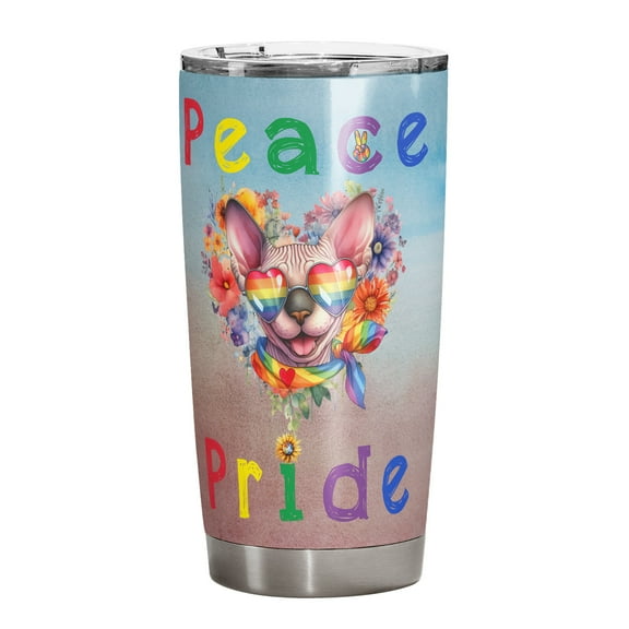 Peace Love Pride Sphynx with Rainbow Sunglasses LGBT LGBTQ 20oz Stainless Steel Tumbler Insulated Cup with Lid Cat Lover Kitten Owner Gifts Idea - 01004