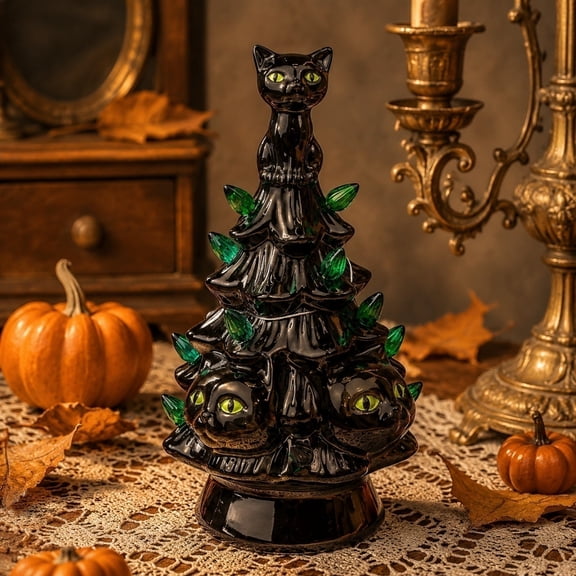 Vintage Ceramic Black Cat Halloween Tree Light, Spooky Green Bulb Tabletop Ornament for Fall Home Party Decor
