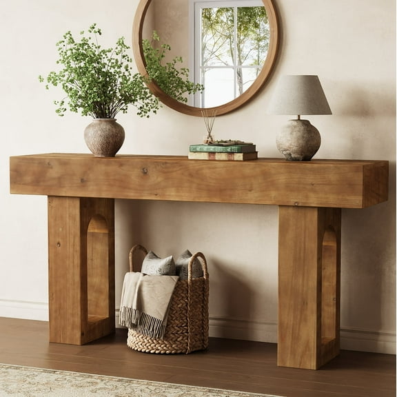 Finmind Solid Wood Console Table, 63-Inch Long Farmhouse Entryway Table, Sofa Console Behind Couch, for Foyer, Hallway, Living Room, Brown