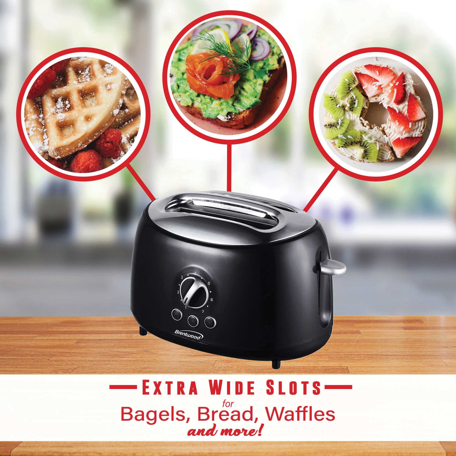 Brentwood 2-Slice Retro Toaster, Black, Extra Wide Slots