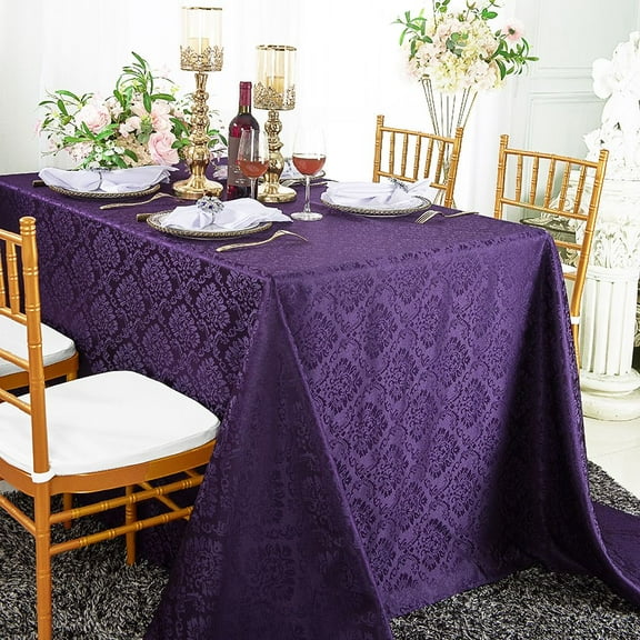 Wedding Linens Inc. 90"x 156" Seamless Rectangular Marquis Damask Jacquard Polyester Linen Tablecloth - Eggplant / Dark Purple
