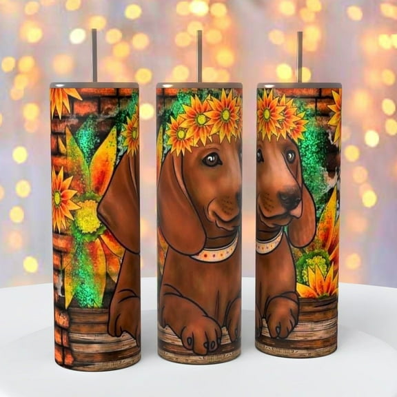Brown Dachshund Dog on a 20 oz sublimated insulated drink tumbler coffee cup hot cold beverage